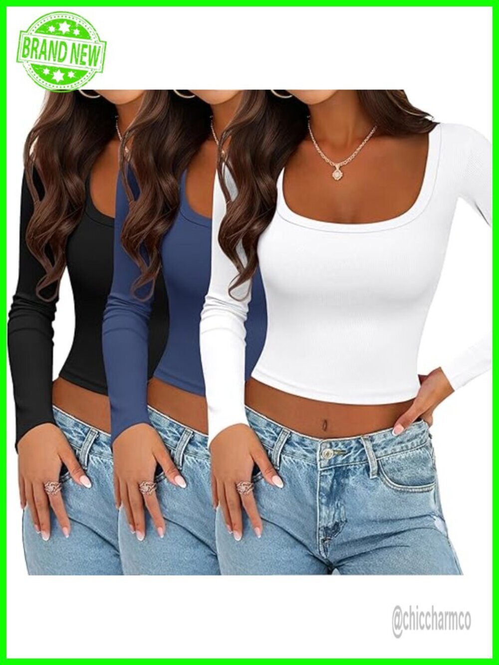 3 Pack Long Sleeve Crop Tops Square Neck Ribbed Slim Fitted Thermal Undershirts